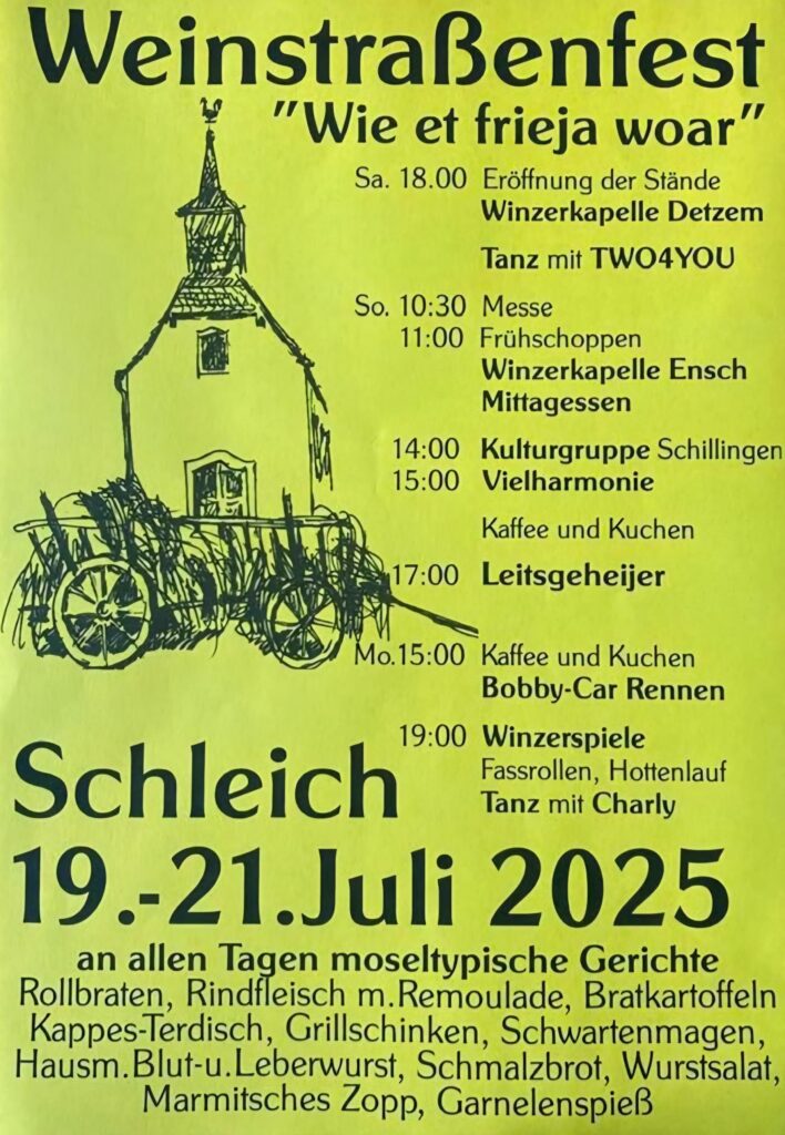 Plakat zum Weinstraßenfest in Schleich vom 19. bis 21. Juli 2025