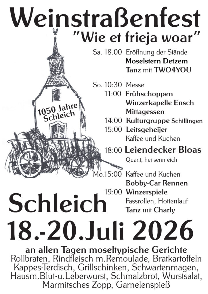 Plakat zum Weinstraßenfest in Schleich vom 18. bis 20. Juli 2026