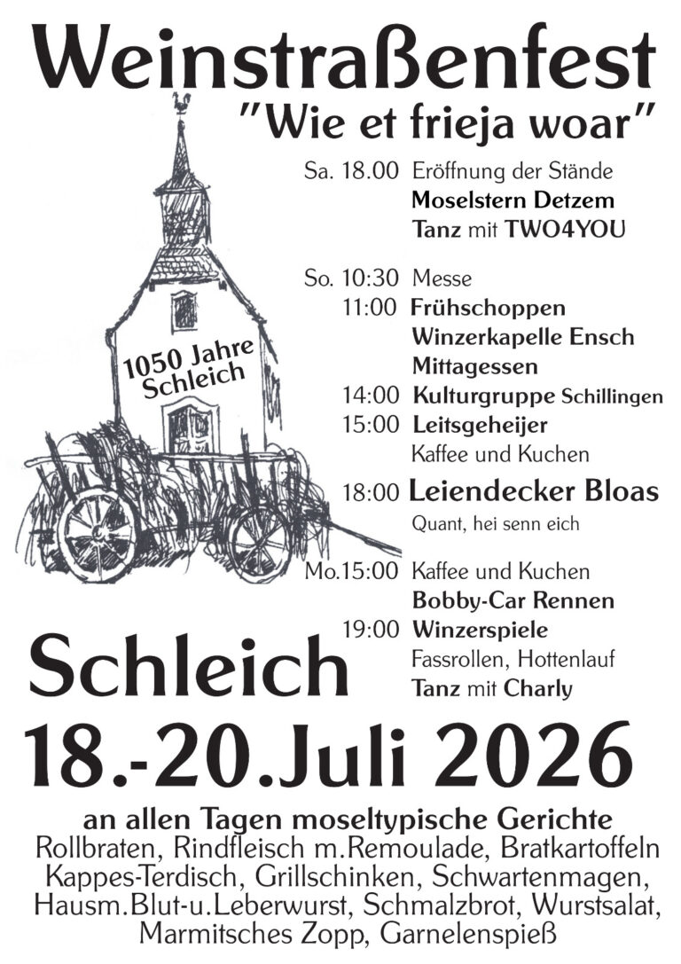 Plakat zum Weinstraßenfest in Schleich vom 18. bis 20. Juli 2026